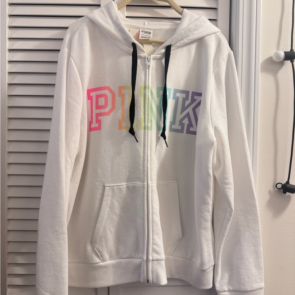 PINK Victoria's Secret Full Zip Hoodie, White, XL - Picture 3 of 4